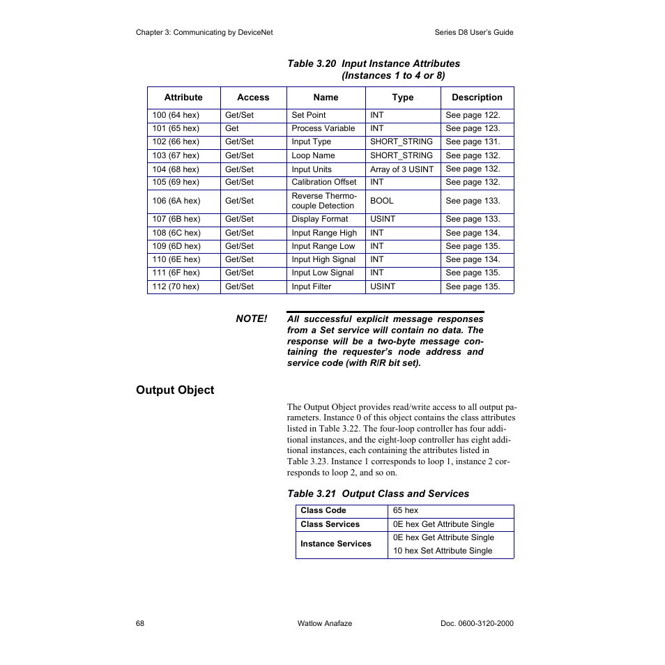 Output object, Output object 68, Table 3.21—output class and services 68 | See table 3.21, Output object (see table 3.21) | Watlow Series D8 User Manual | Page 86 / 232