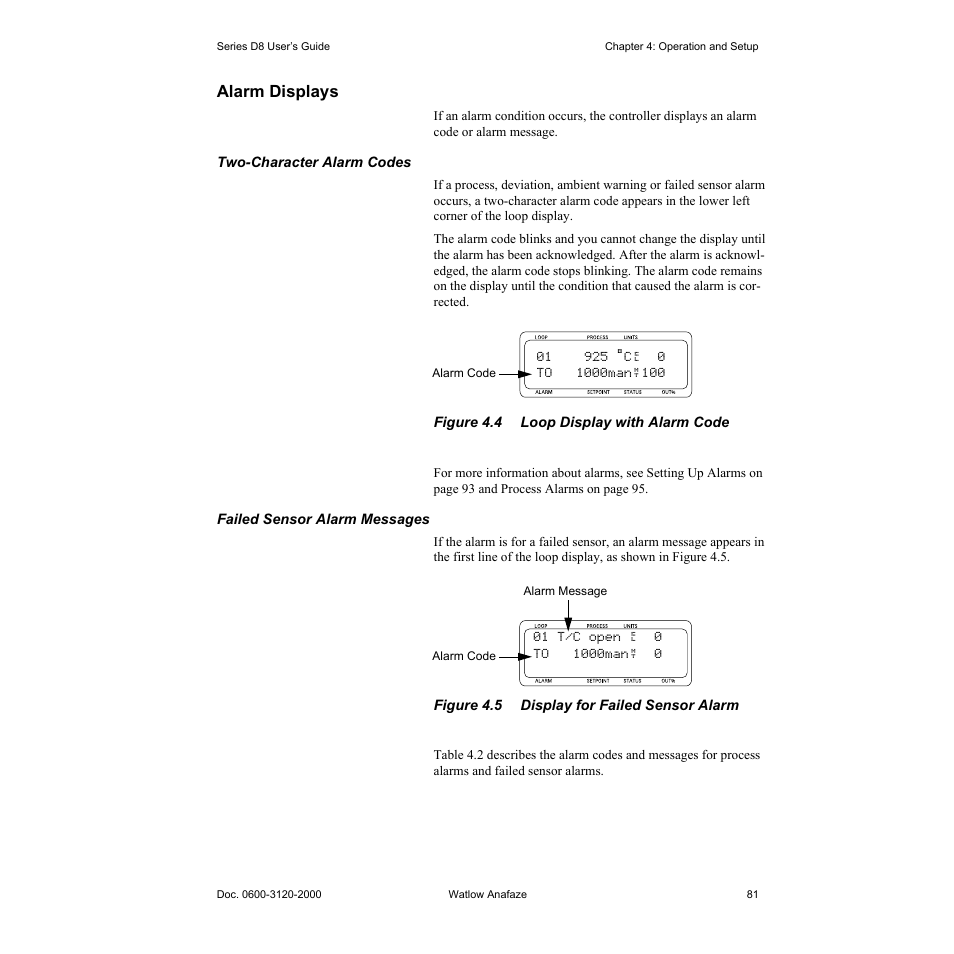 Alarm displays, Alarm displays 81, Figure 4.4—loop display with alarm code 81 | Figure 4.5—display for failed sensor alarm 81 | Watlow Series D8 User Manual | Page 99 / 232
