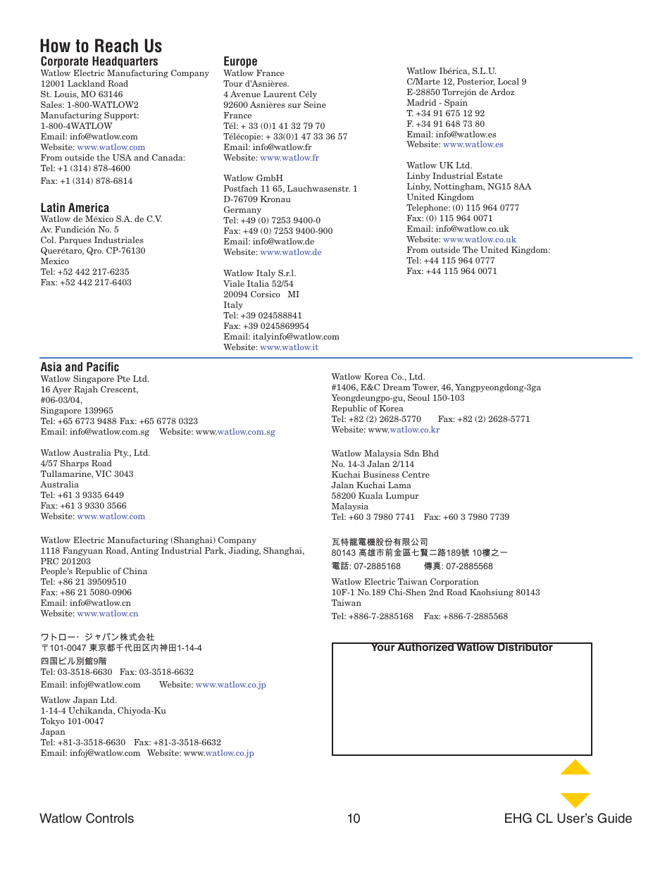How to reach us, Watlow controls 10 ehg cl user’s guide, Corporate headquarters | Latin america, Europe, Asia and paciﬁ c | Watlow Series EHG CL User Manual | Page 10 / 10