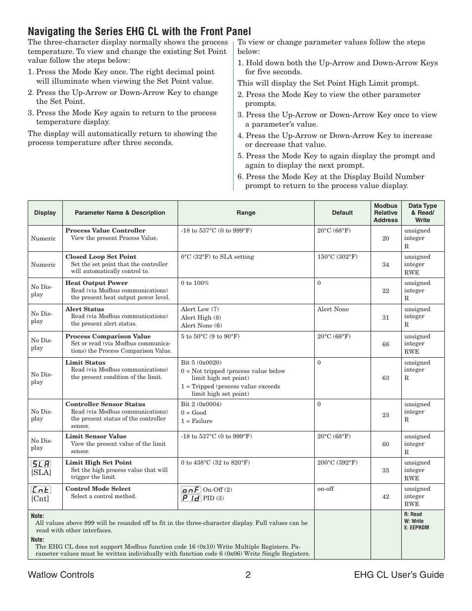 Navigating the series ehg cl with the front panel, Watlow controls 2 ehg cl user’s guide | Watlow Series EHG CL User Manual | Page 2 / 10