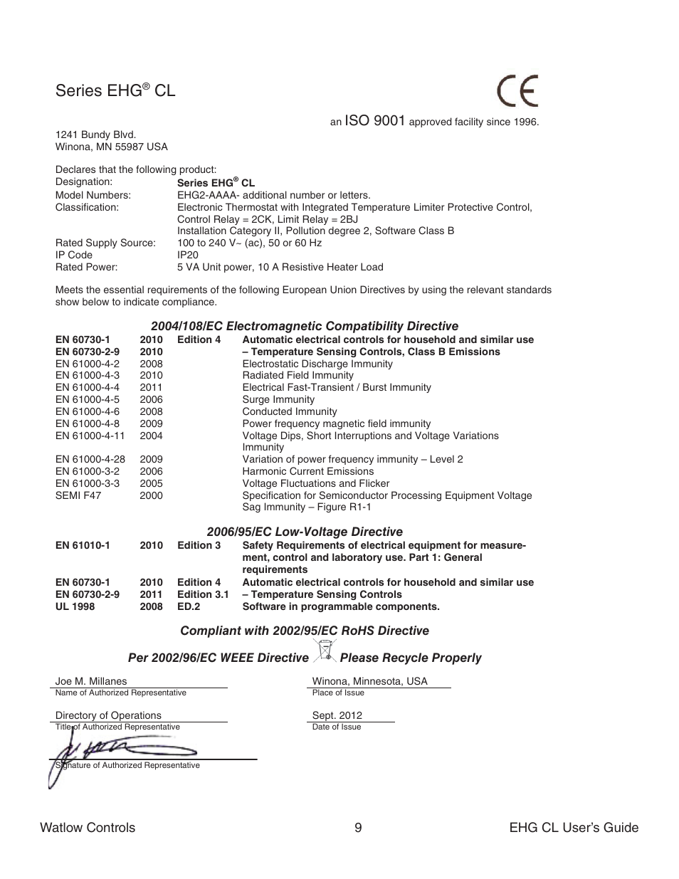 Series ehg, Declaration of conformity, Watlow | Iso 9001, Watlow controls 9 ehg cl user’s guide | Watlow Series EHG CL User Manual | Page 9 / 10