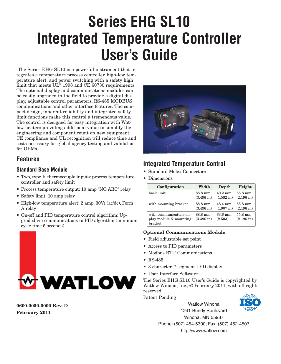 Watlow Series EHG SL10 Integrated Temperature Controller User Manual | 10 pages