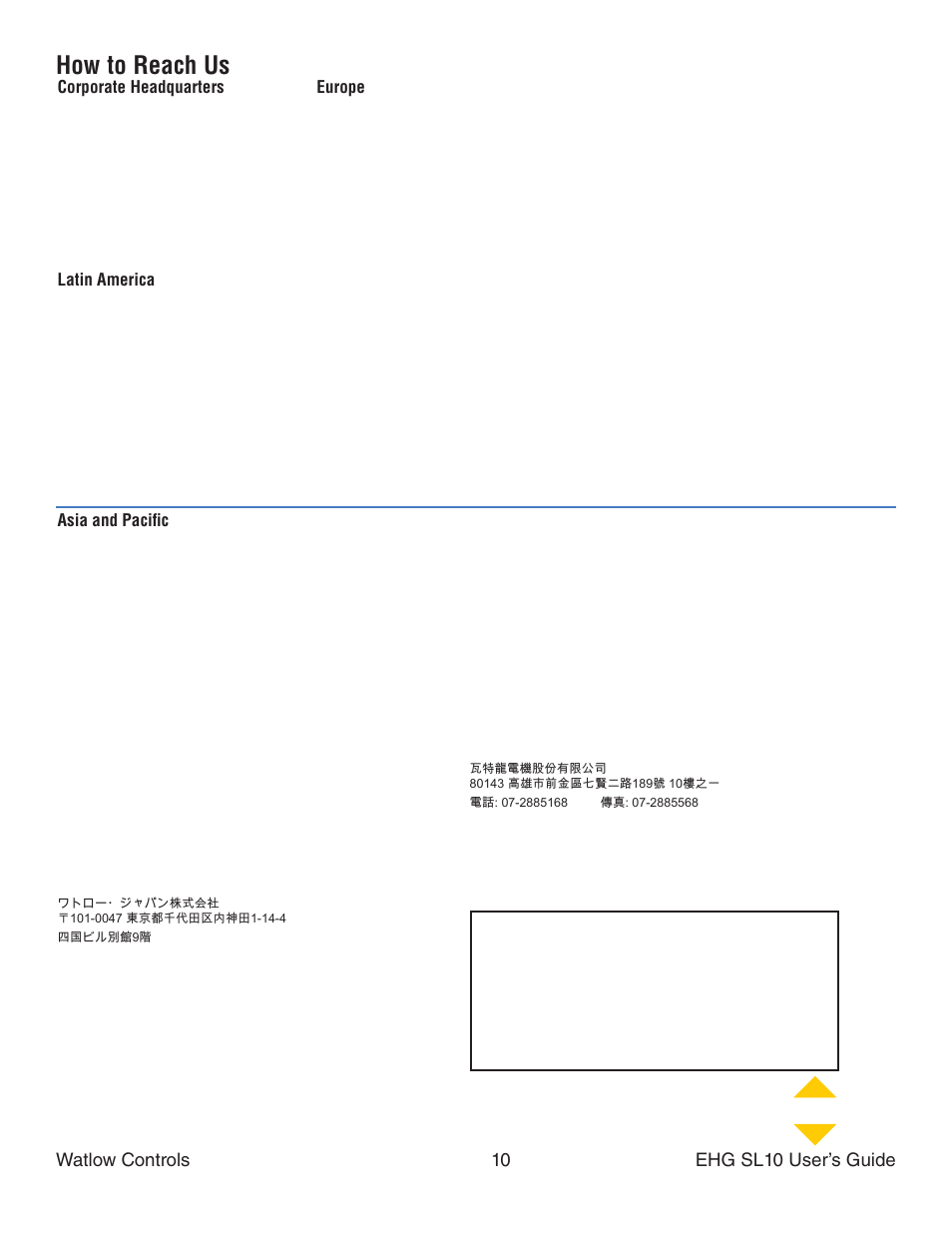 How to reach us, Watlow controls 10 ehg sl10 user’s guide, Corporate headquarters | Latin america, Europe, Asia and paciﬁ c | Watlow Series EHG SL10 Integrated Temperature Controller User Manual | Page 10 / 10