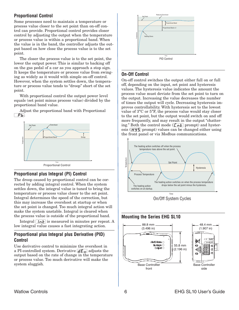 Proportional plus integral (pi) control, On-off control, Mounting the series ehg sl10 | On/off system cycles | Watlow Series EHG SL10 Integrated Temperature Controller User Manual | Page 6 / 10