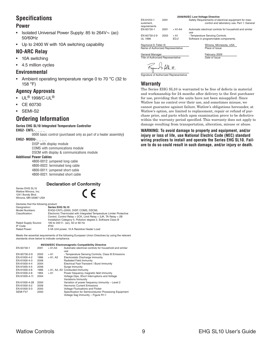 Specifications, Ordering information, Watlow controls 9 ehg sl10 user’s guide | Power, No-arc relay, Environmental, Agency approvals, Warranty, 10a switching • 4.5 million cycles, 1998/c-ul | Watlow Series EHG SL10 Integrated Temperature Controller User Manual | Page 9 / 10