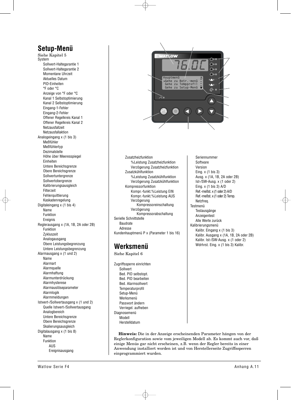 Setup-menü, Werksmenü | Watlow Series F4 User Manual | Page 107 / 112