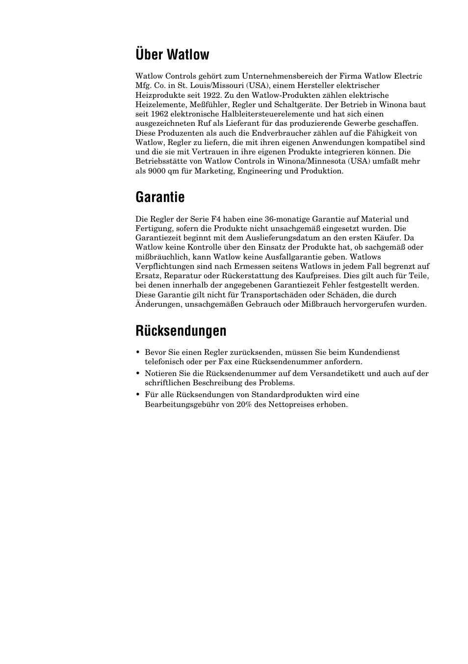 Über watlow, Garantie, Rücksendungen | Über watlow/garantie, Hintere umschlaginnenseite, Über watlow, garantie | Watlow Series F4 User Manual | Page 111 / 112