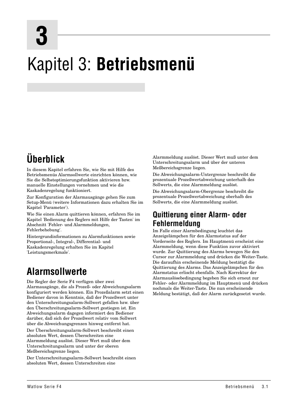 Kapitel 3: betriebsmenü, Überblick, Alarmsollwerte | Quittierung einer alarm- oder fehlermeldung | Watlow Series F4 User Manual | Page 15 / 112