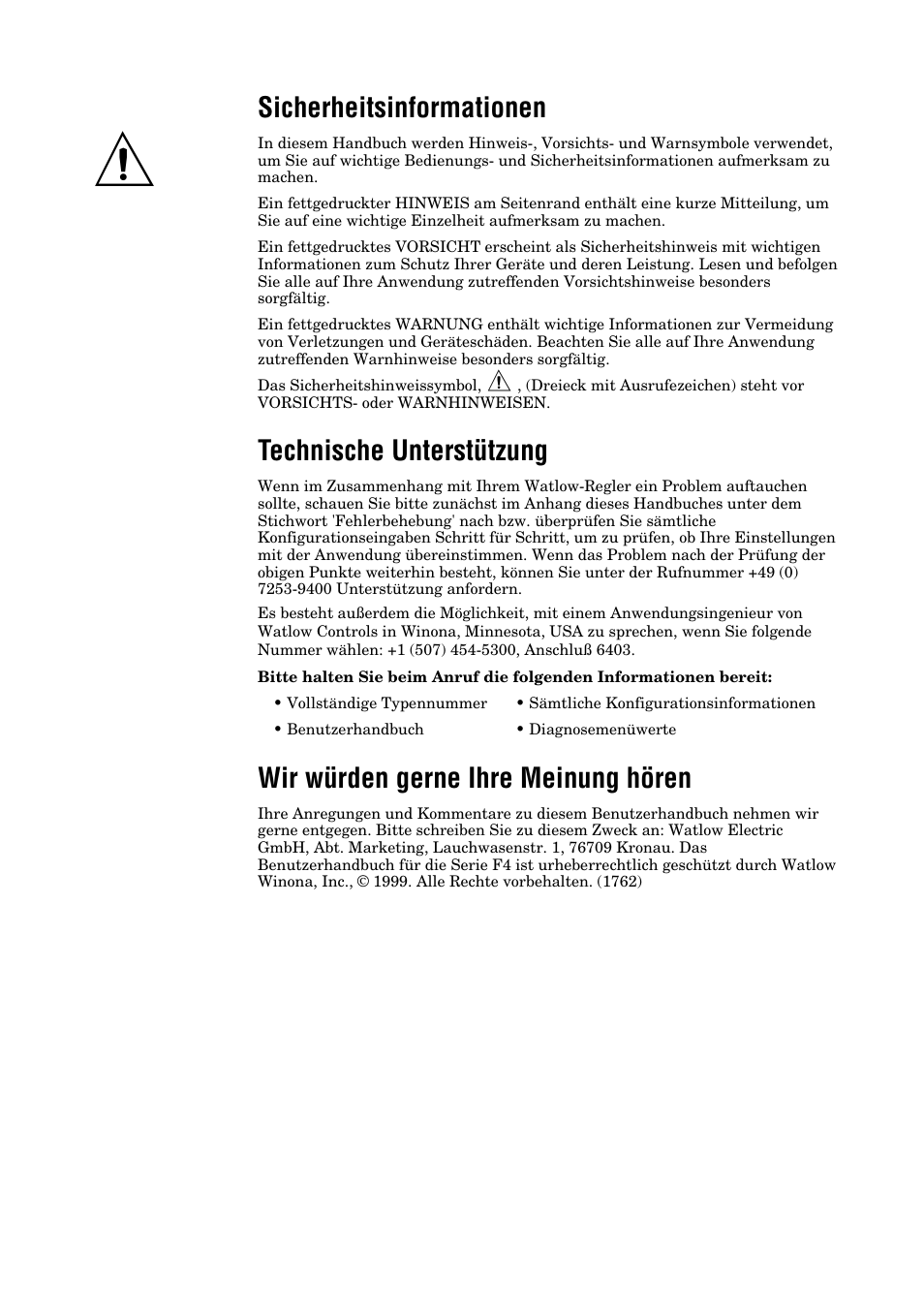 Sicherheitsinformationen, Technische unterstützung, Wir würden gerne ihre meinung hören | Watlow Series F4 User Manual | Page 2 / 112