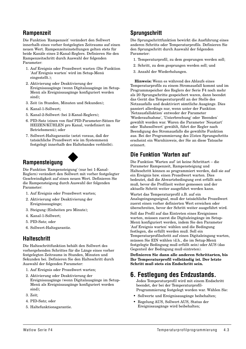 Festlegung des endzustands, Rampenzeit, Rampensteigung | Halteschritt, Sprungschritt, Die funktion 'warten auf | Watlow Series F4 User Manual | Page 21 / 112