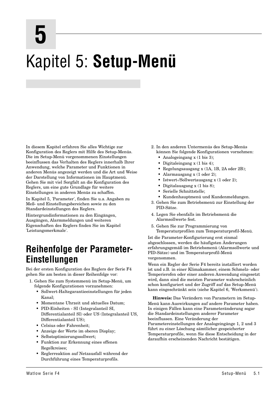 Kapitel 5: setup-menü, Reihenfolge der parameter-einstellungen, Reihenfolge der parameter-einstellung | Reihenfolge der parameter- einstellungen | Watlow Series F4 User Manual | Page 25 / 112