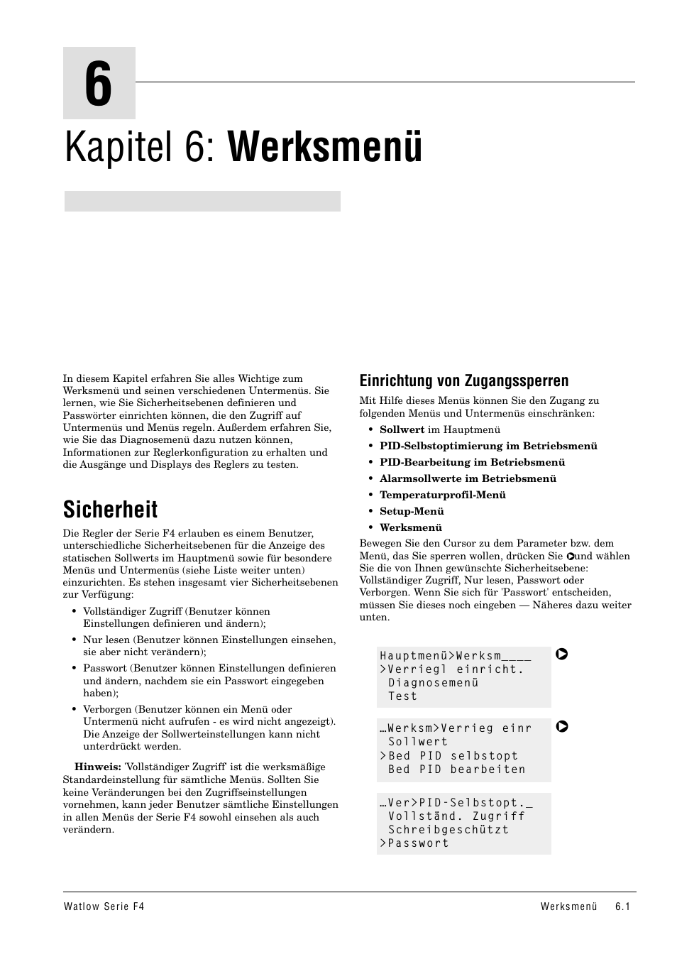 Kapitel 6: werksmenü, Sicherheit, Einrichtung von zugangssperren | Watlow Series F4 User Manual | Page 27 / 112
