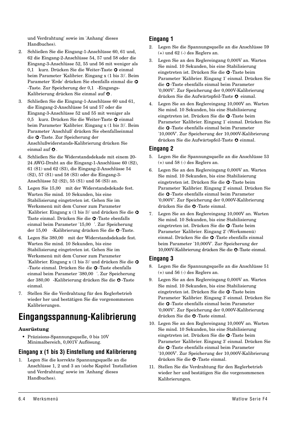 Eingangsspannung-kalibrierung, Eingang x (1 bis 3) einstellung und kalibrierung, Eingang 1 | Eingang 2, Eingang 3 | Watlow Series F4 User Manual | Page 30 / 112