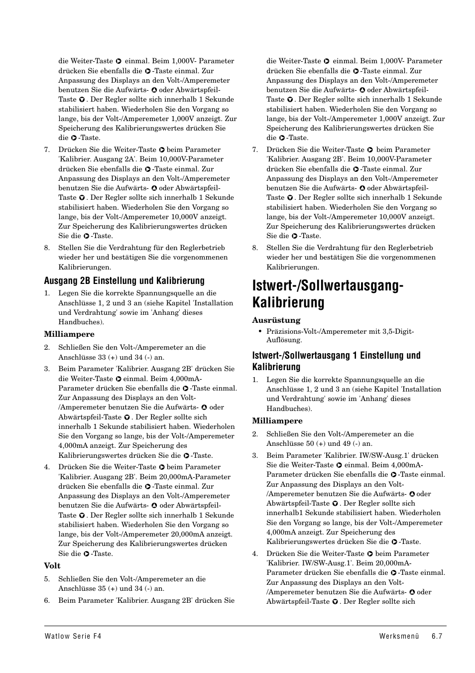 Istwert-/sollwertausgang-kalibrierung, Istwert-/sollwertausgang- kalibrierung, Ausgang 2b einstellung und kalibrierung | Watlow Series F4 User Manual | Page 33 / 112