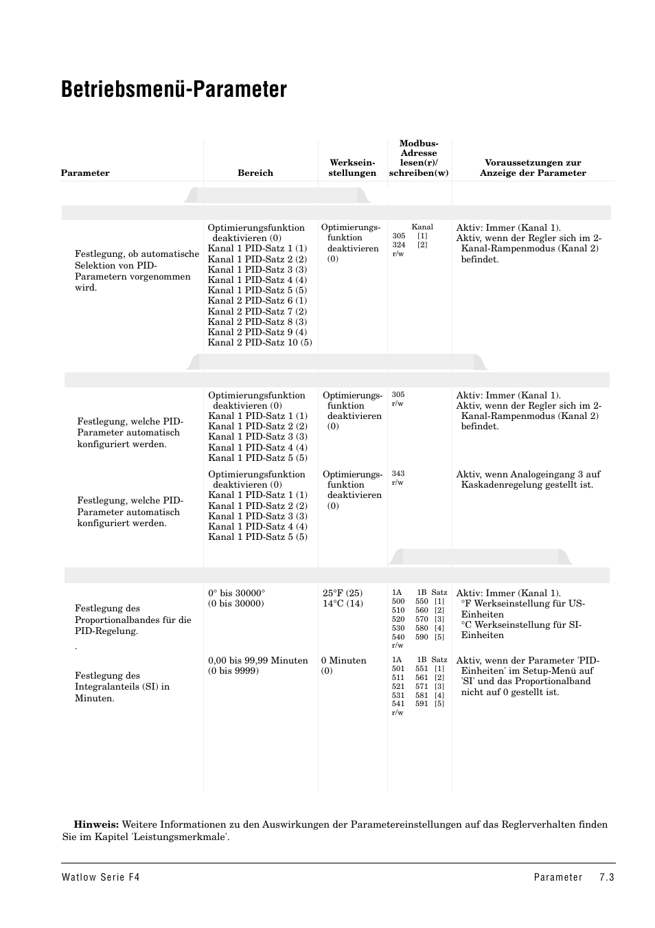 Betriebsmenü-parameter, Pid-satz x (1 bis 5), Pid-selbstoptimierung kaskadenregelung | Pid-selbstoptimierung | Watlow Series F4 User Manual | Page 37 / 112