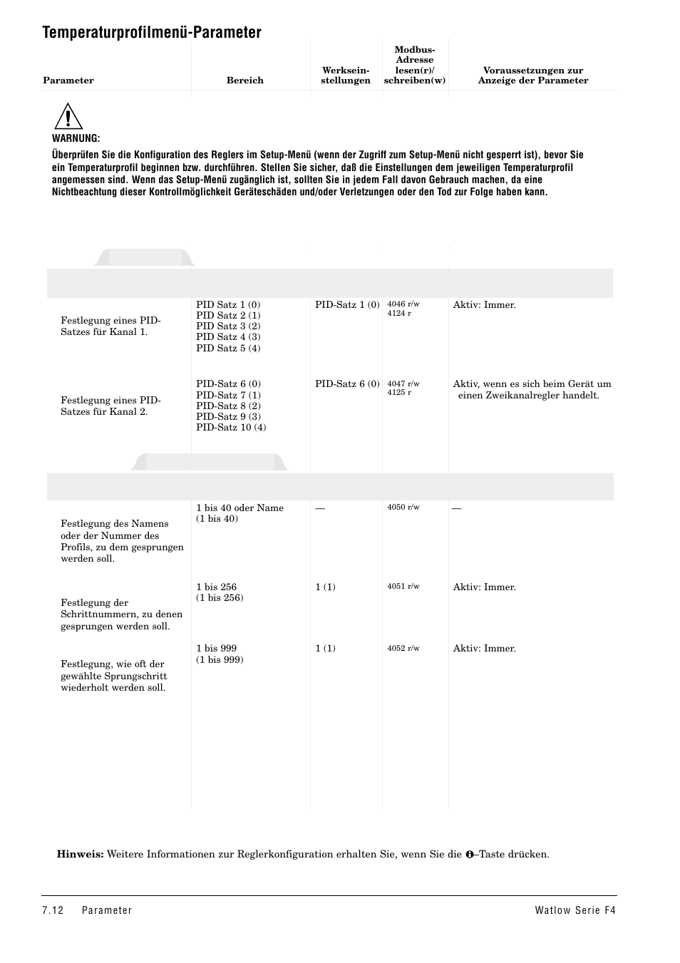 Temperaturprofilmenü-parameter, Sprungschritt, Pid-satz | Watlow Series F4 User Manual | Page 46 / 112
