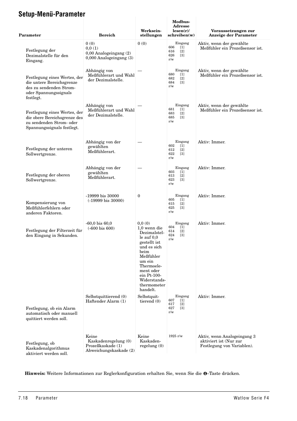 Setup-menü-parameter | Watlow Series F4 User Manual | Page 52 / 112