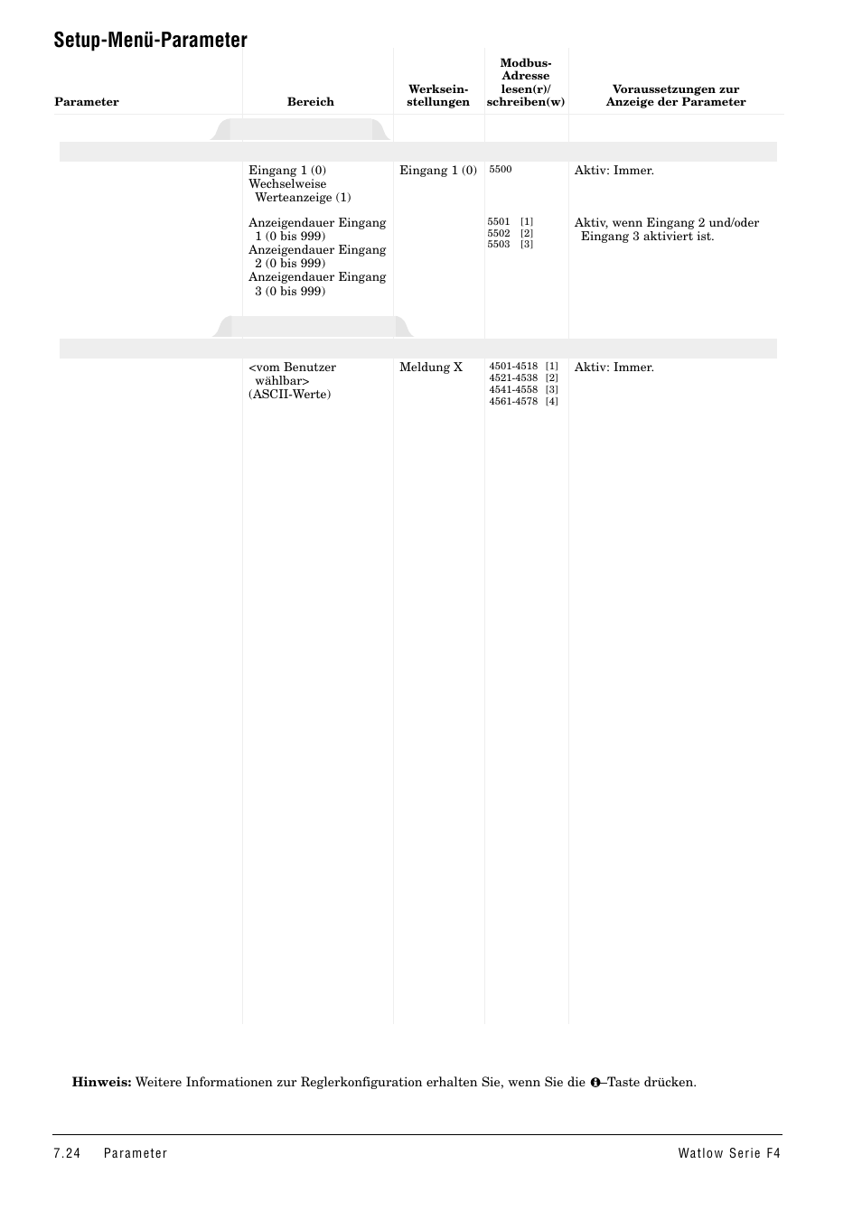 Setup-menü-parameter, Statische meldung, Prozeßanzeige | Watlow Series F4 User Manual | Page 58 / 112
