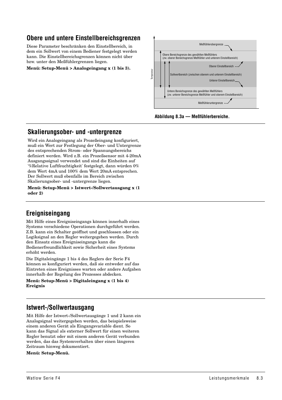 Obere und untere einstellbereichsgrenzen, Skalierungsober- und -untergrenze, Ereigniseingang | Istwert-/sollwertausgang | Watlow Series F4 User Manual | Page 69 / 112