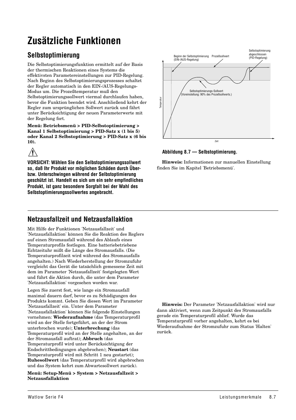 Zusätzliche funktionen, Selbstoptimierung, Netzausfallzeit und netzausfallaktion | Watlow Series F4 User Manual | Page 73 / 112