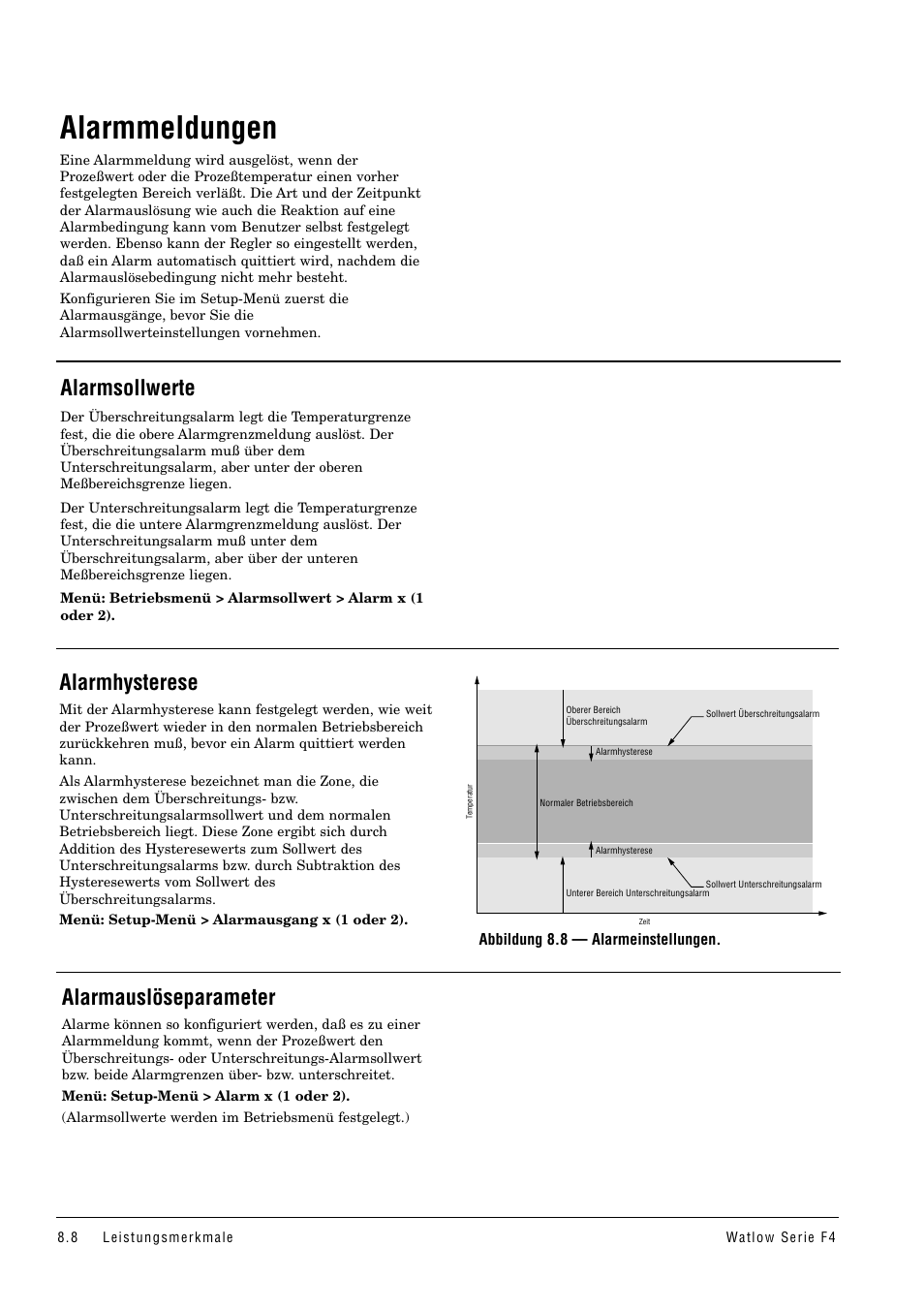 Alarmmeldungen, Alarmsollwerte, Alarmhysterese | Alarmauslöseparameter | Watlow Series F4 User Manual | Page 74 / 112