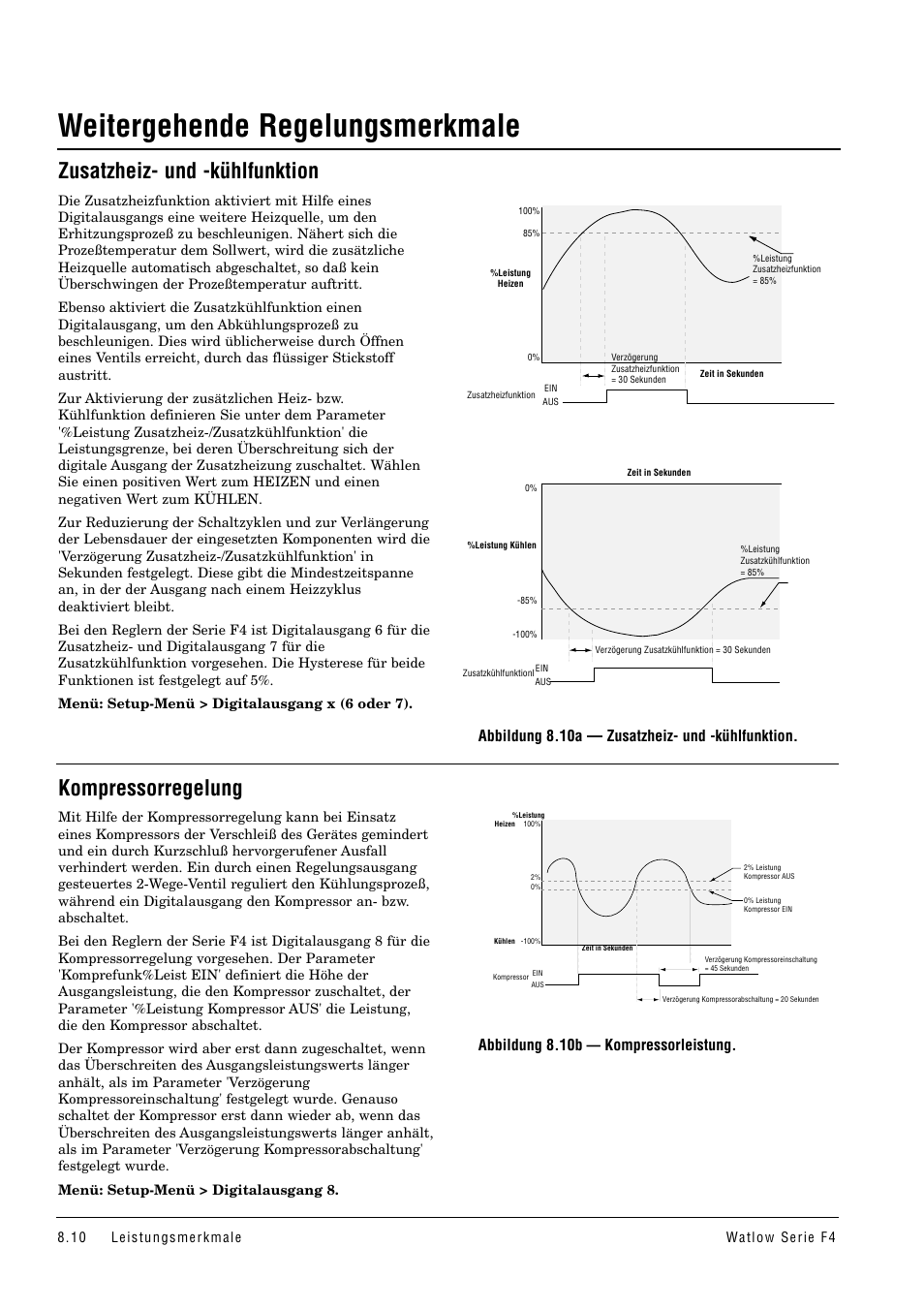 Weitergehende regelungsmerkmale, Zusatzheiz- und kühlfunktion, Kompressorregelung | Zusatzheiz- und -kühlfunktion, Abbildung 8.10b, Kompressorleistung, Abbildung 8.10a — zusatzheiz- und -kühlfunktion | Watlow Series F4 User Manual | Page 76 / 112