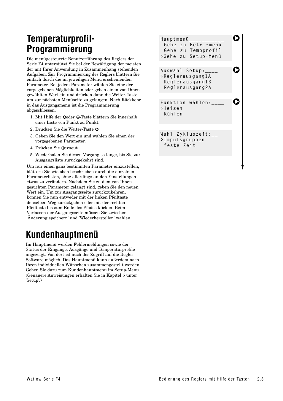 Temperaturprofil-programmierung, Kundenhauptmenü, Temperaturprofil- programmierung | Watlow Series F4 User Manual | Page 9 / 112