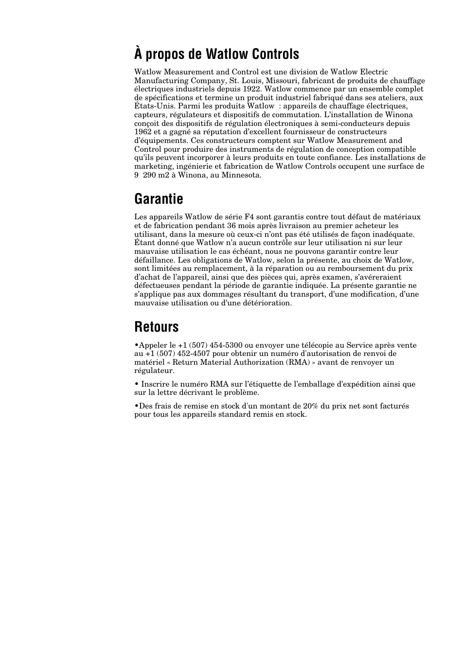 À propos de watlow controls, Garantie, Retours | À propos de watlow/informations, De garantie . . . . .interérieur de couveture, À propos de watlow et informations de garantie, Intérieur de couverture | Watlow Series F4 User Manual | Page 107 / 108