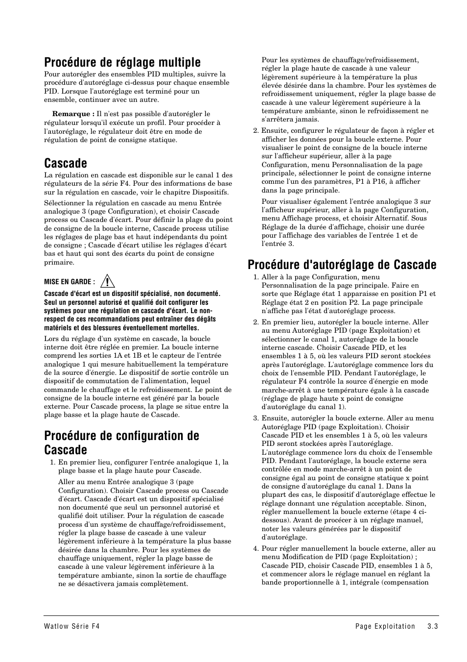 Cascade, Procédure de réglage multiple, Procédure de configuration de cascade | Procédure d'autoréglage de cascade | Watlow Series F4 User Manual | Page 17 / 108