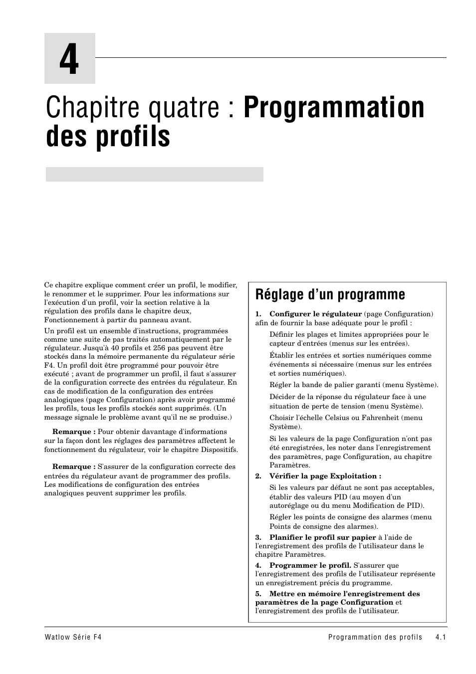 Chapitre quatre : programmation des profils, Réglage d’un programme, Chapitre 4 : programmation des profils | Watlow Series F4 User Manual | Page 19 / 108