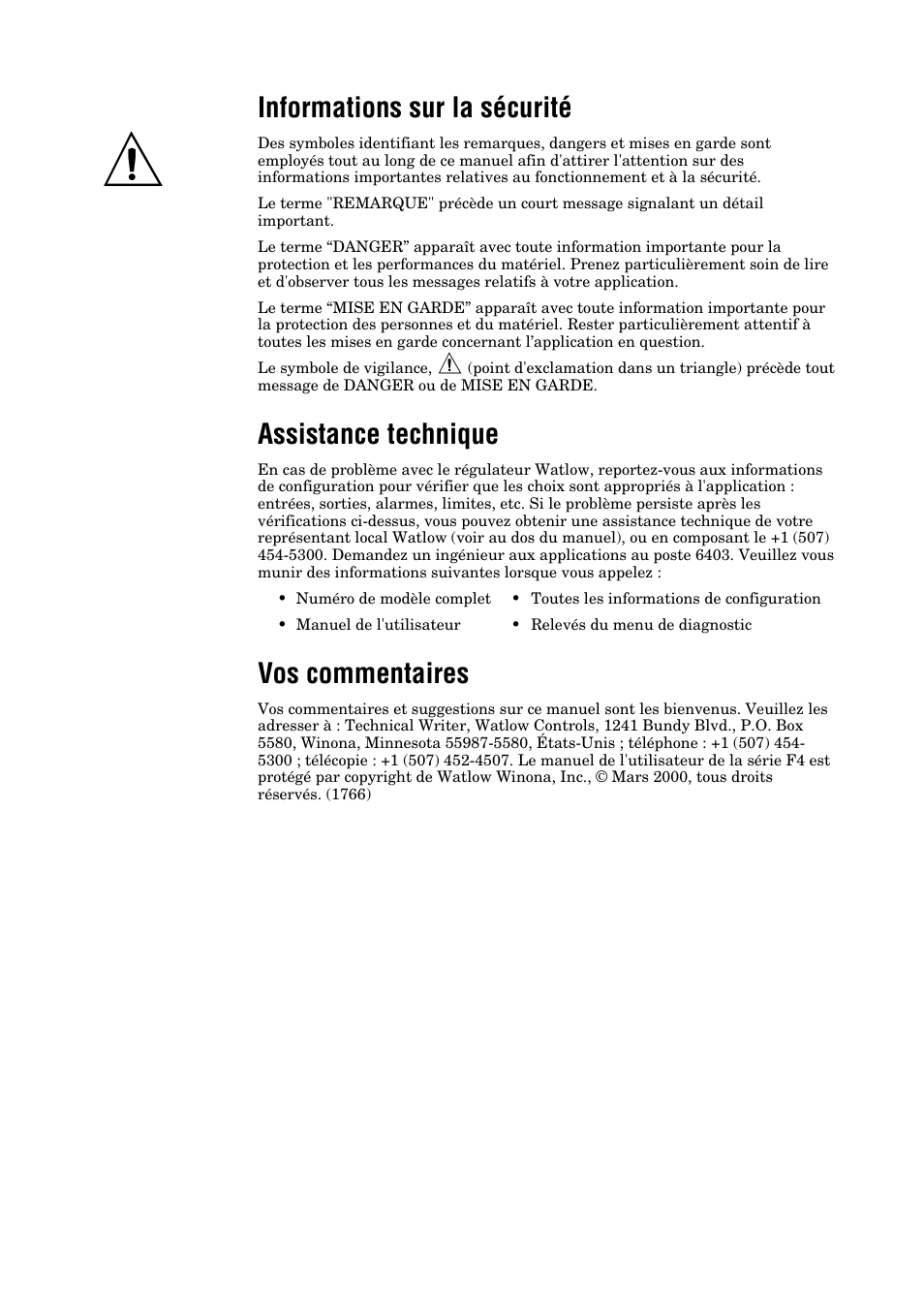 Informations sur la sécurité, Assistance technique, Vos commentaires | Watlow Series F4 User Manual | Page 2 / 108