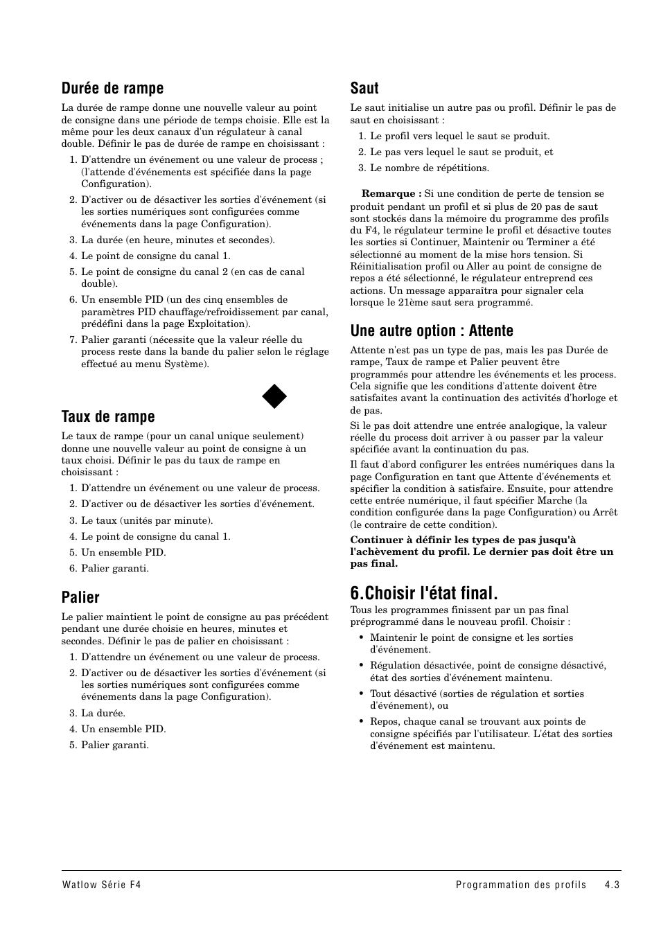 Choisir l'état final, Durée de rampe, Taux de rampe | Palier, Saut, Une autre option : attente | Watlow Series F4 User Manual | Page 21 / 108