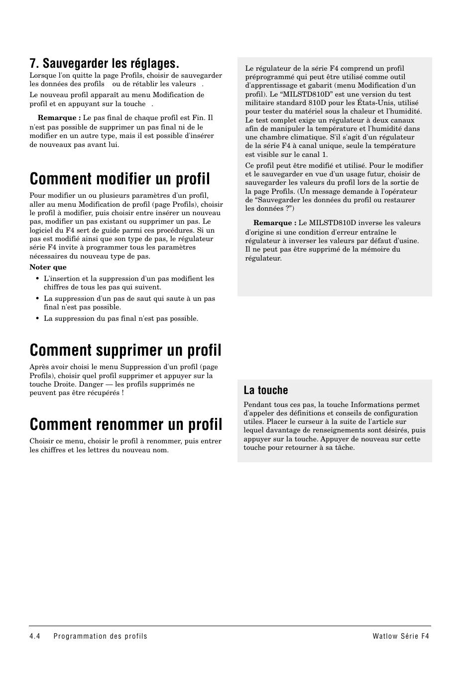 Comment modifier un profil, Comment supprimer un profil, Comment renommer un profil | Sauvegarder les réglages, La touche | Watlow Series F4 User Manual | Page 22 / 108