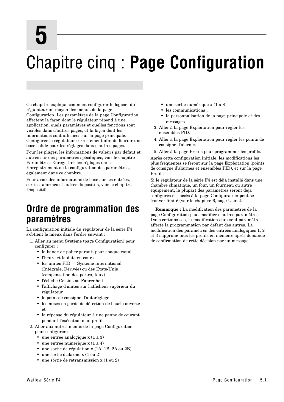 Ordre de programmation, Ordre de programmation des paramètres .5.1, Chapitre cinq : page configuration | Ordre de programmation des paramètres | Watlow Series F4 User Manual | Page 25 / 108