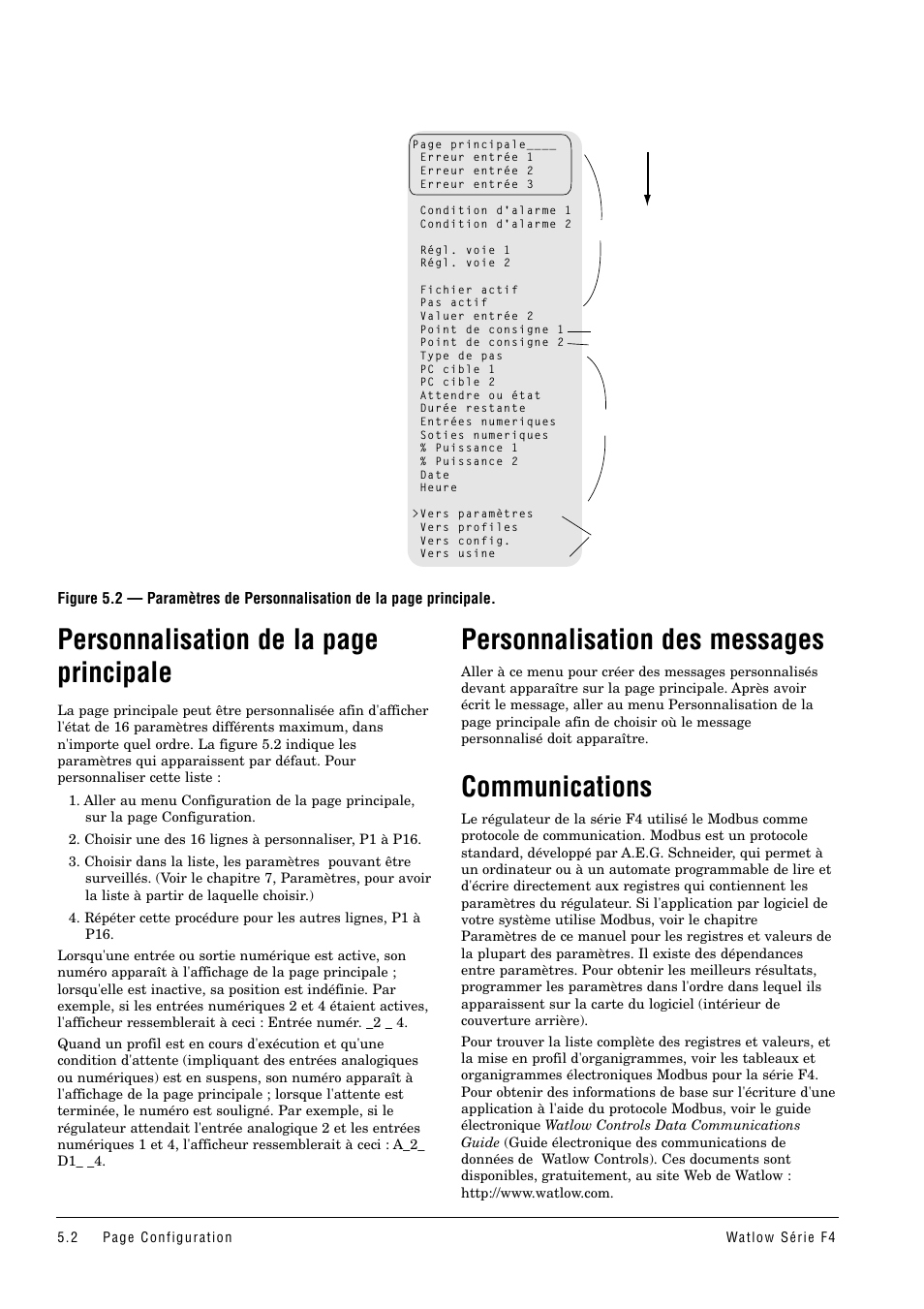 Personnalisation, Communications, Personnalisation des messages | Personnalisation de la page principale | Watlow Series F4 User Manual | Page 26 / 108