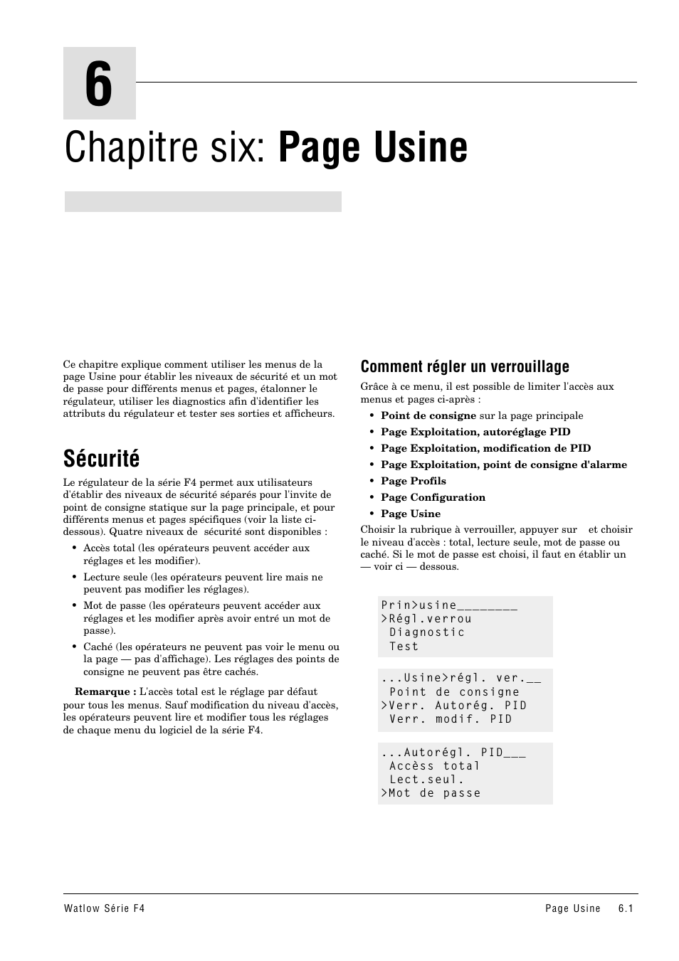 Sécurité, Chapitre six: page usine, Comment régler un verrouillage | Watlow Series F4 User Manual | Page 27 / 108