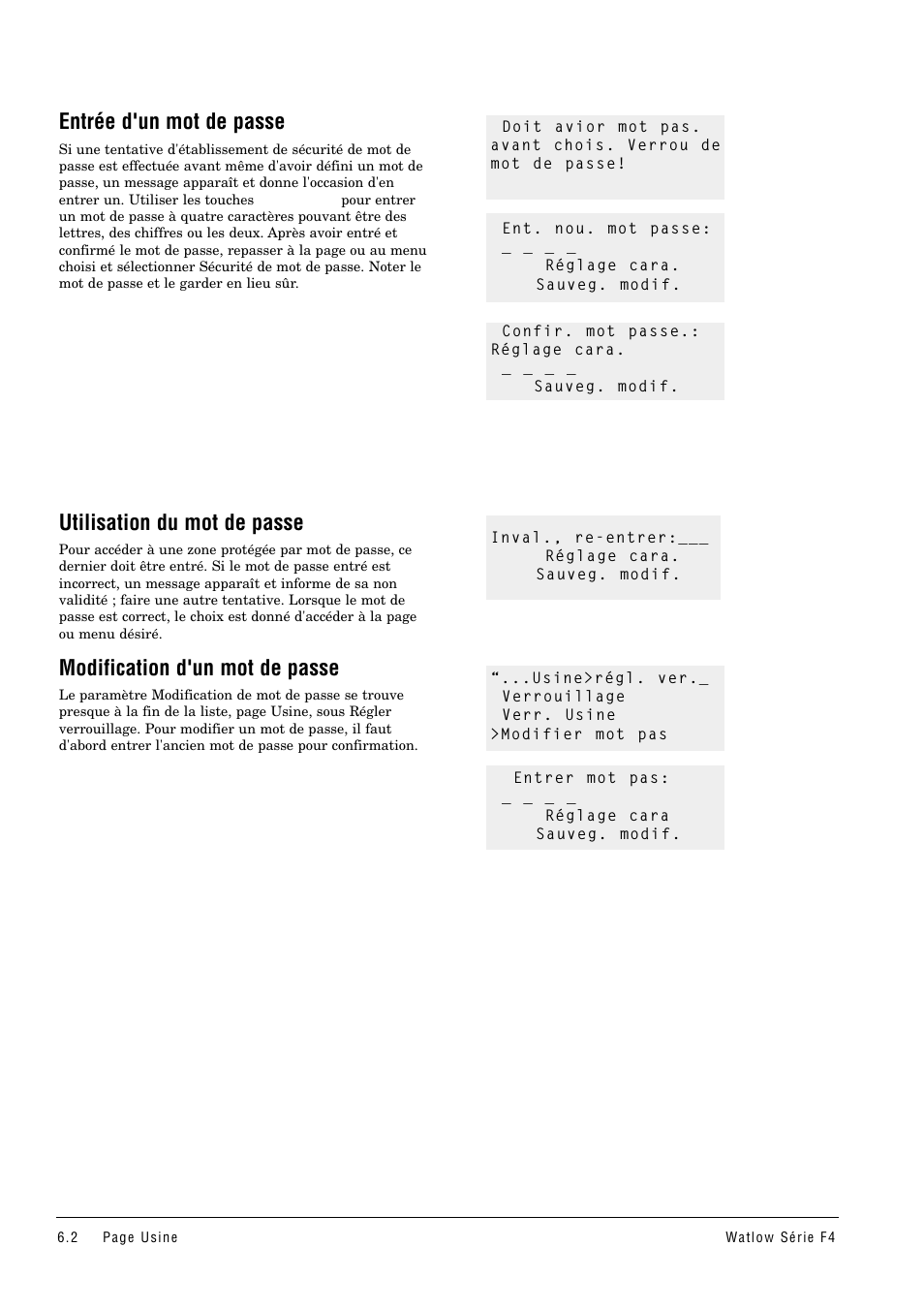 Entrée d'un mot de passe, Utilisation du mot de passe, Modification d'un mot de passe | Watlow Series F4 User Manual | Page 28 / 108