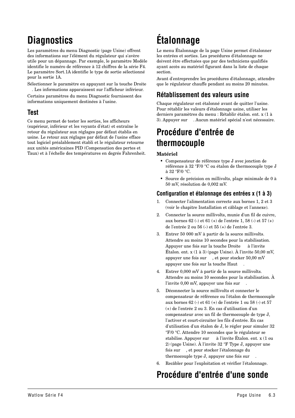 Diagnostics, Étalonnage, Procédure d'entrée d'une sonde | Procédures d'entrée, Procédure d'entrée de thermocouple, Test, Rétablissement des valeurs usine | Watlow Series F4 User Manual | Page 29 / 108