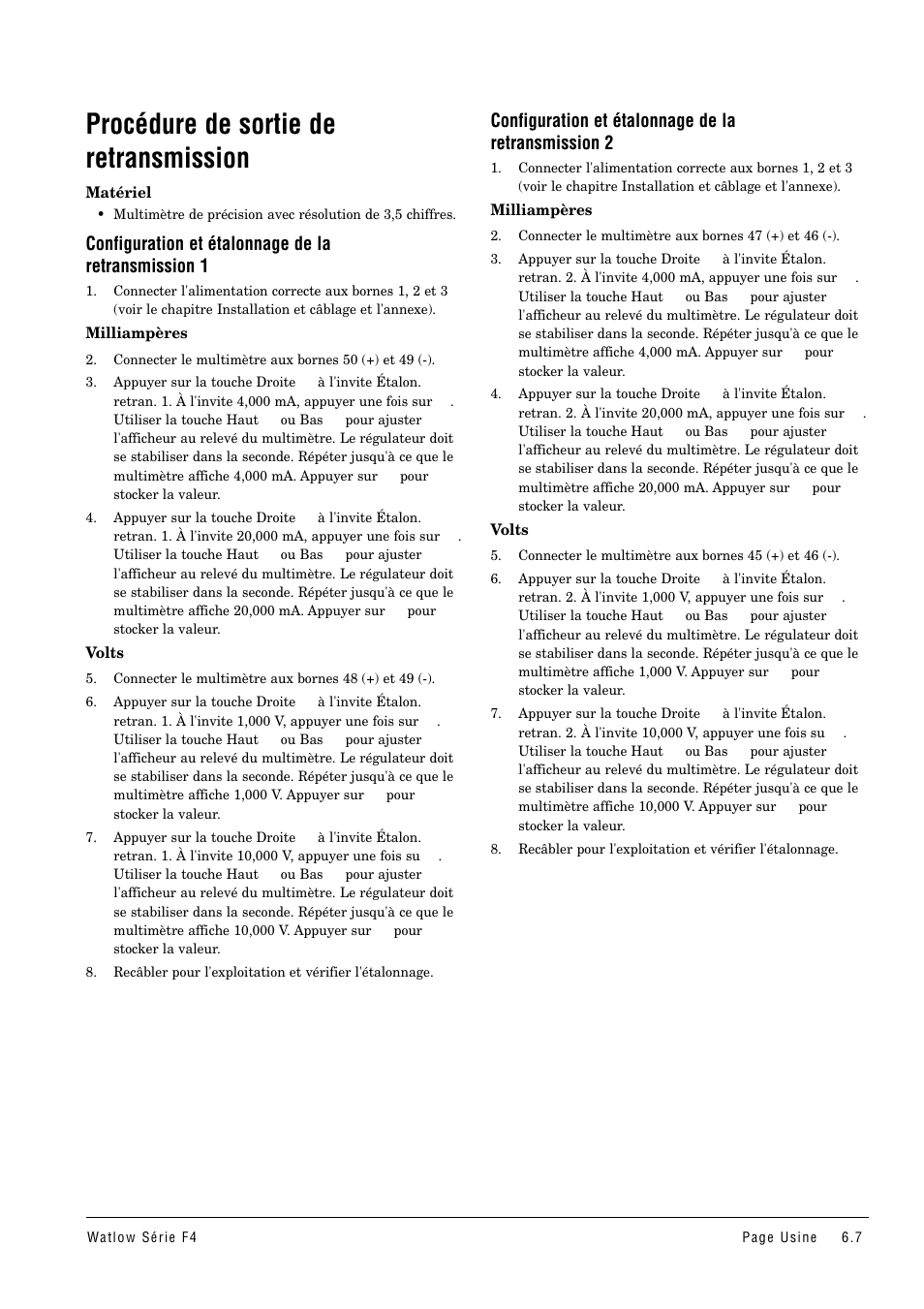 Procédure de sortie, Procédure de sortie de retransmission, Configuration et étalonnage de la retransmission 1 | Configuration et étalonnage de la retransmission 2 | Watlow Series F4 User Manual | Page 33 / 108