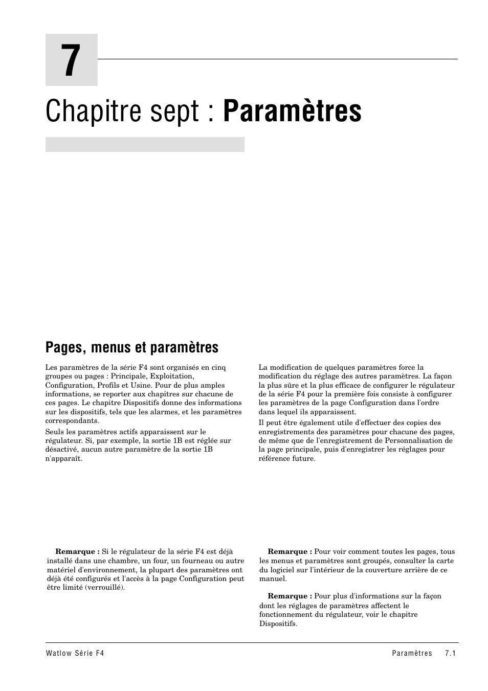 Chapitre sept : paramètres, Chapitre 7 : paramètres, Pages, menus et paramètres | Watlow Series F4 User Manual | Page 35 / 108