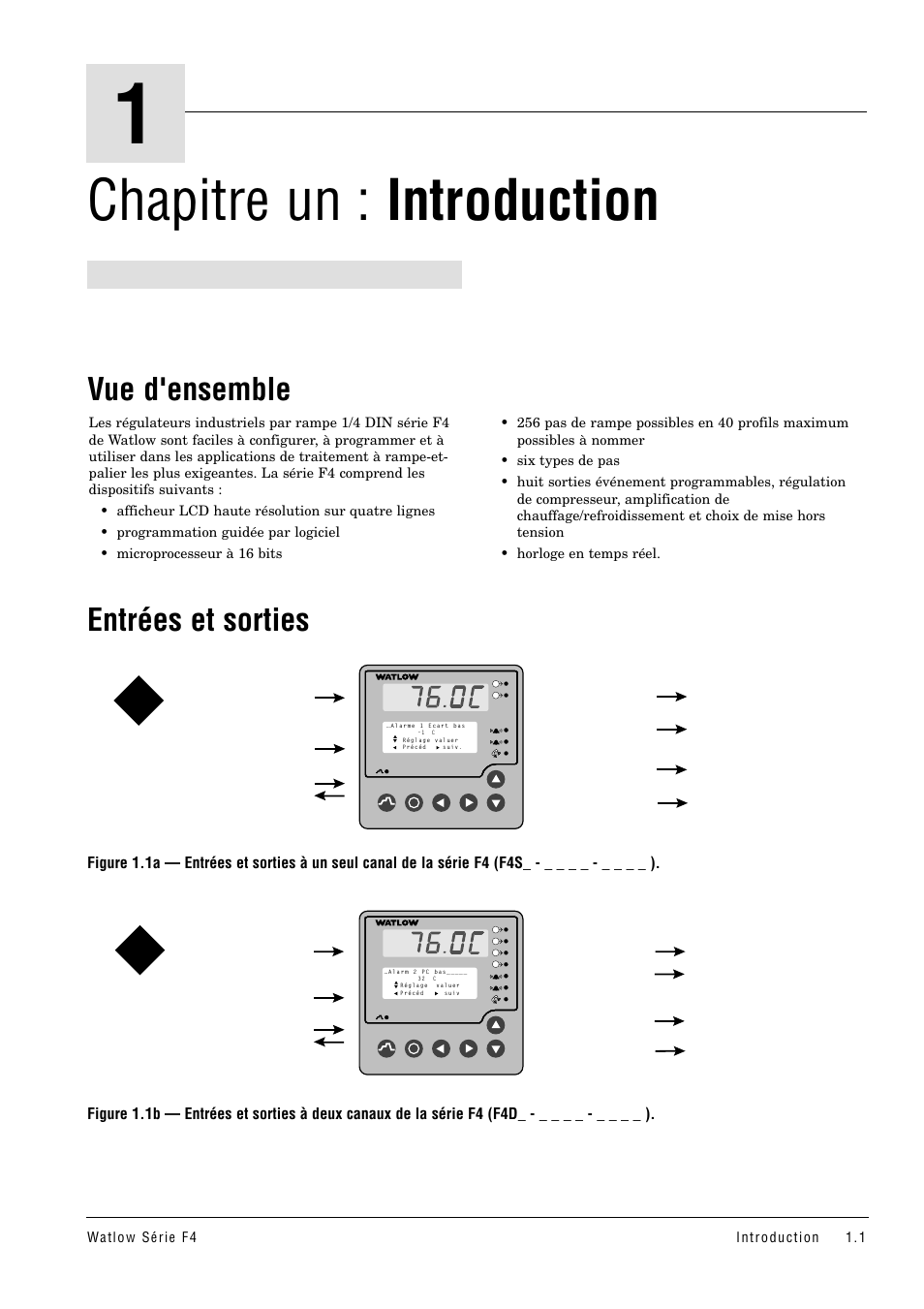 Chapitre un : introduction, Vue d'ensemble, Entrées et sorties | Chapitre 1 : introduction, Vue d'ensemble entrées et sorties | Watlow Series F4 User Manual | Page 5 / 108