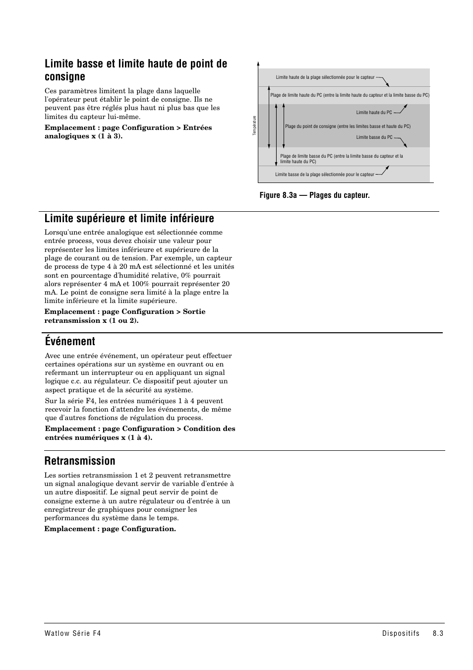 Limite basse et limite haute, De point de consigne, Limite supérieure et limite inférieure | Événement, Retransmission, Limite basse et limite haute de point de consigne | Watlow Series F4 User Manual | Page 67 / 108