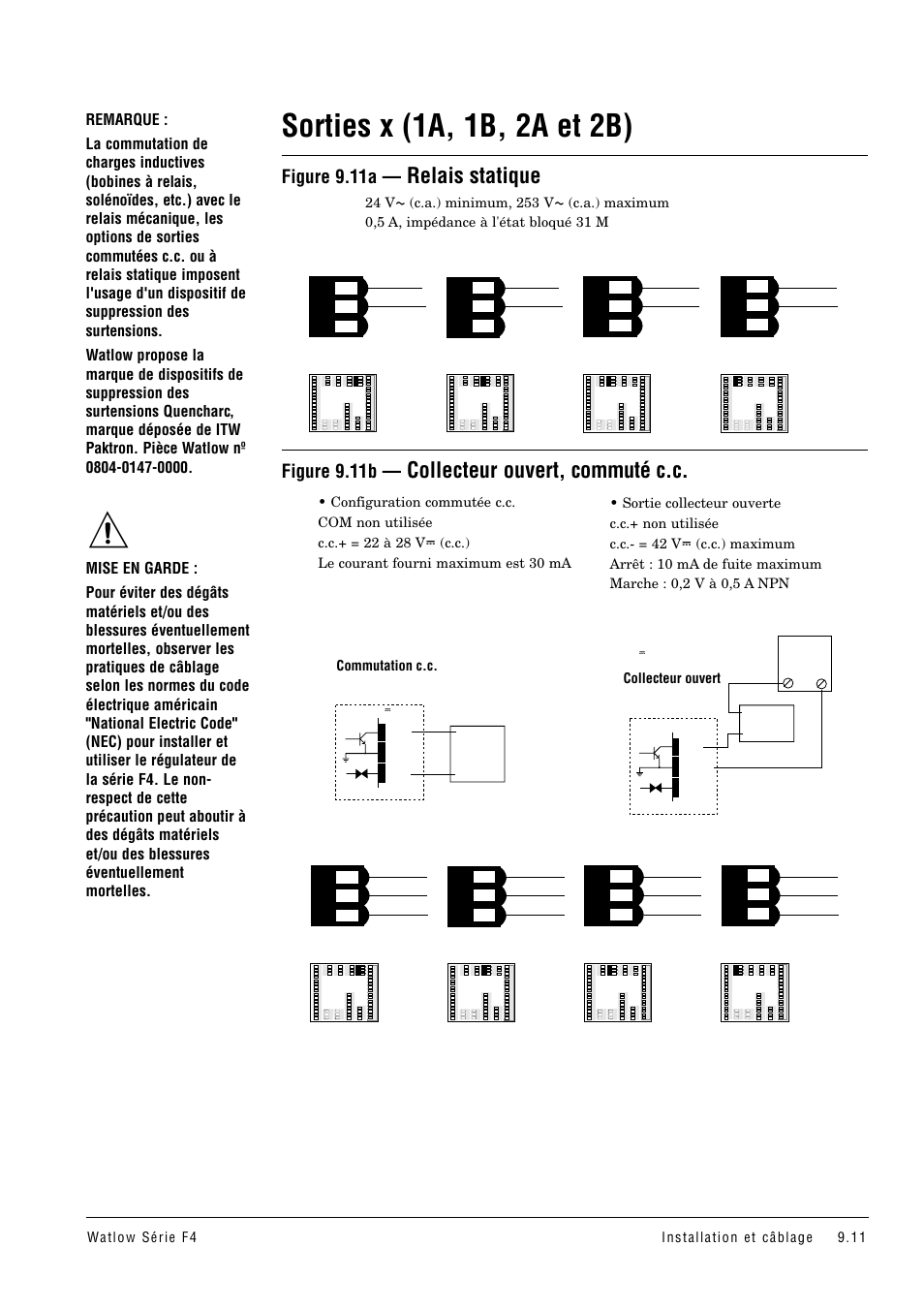 Sorties x (1a, 1b, 2a et 2b), Relais statique, Collecteur ouvert, commuté c.c | Figure 9.11a, Figure 9.11b | Watlow Series F4 User Manual | Page 87 / 108