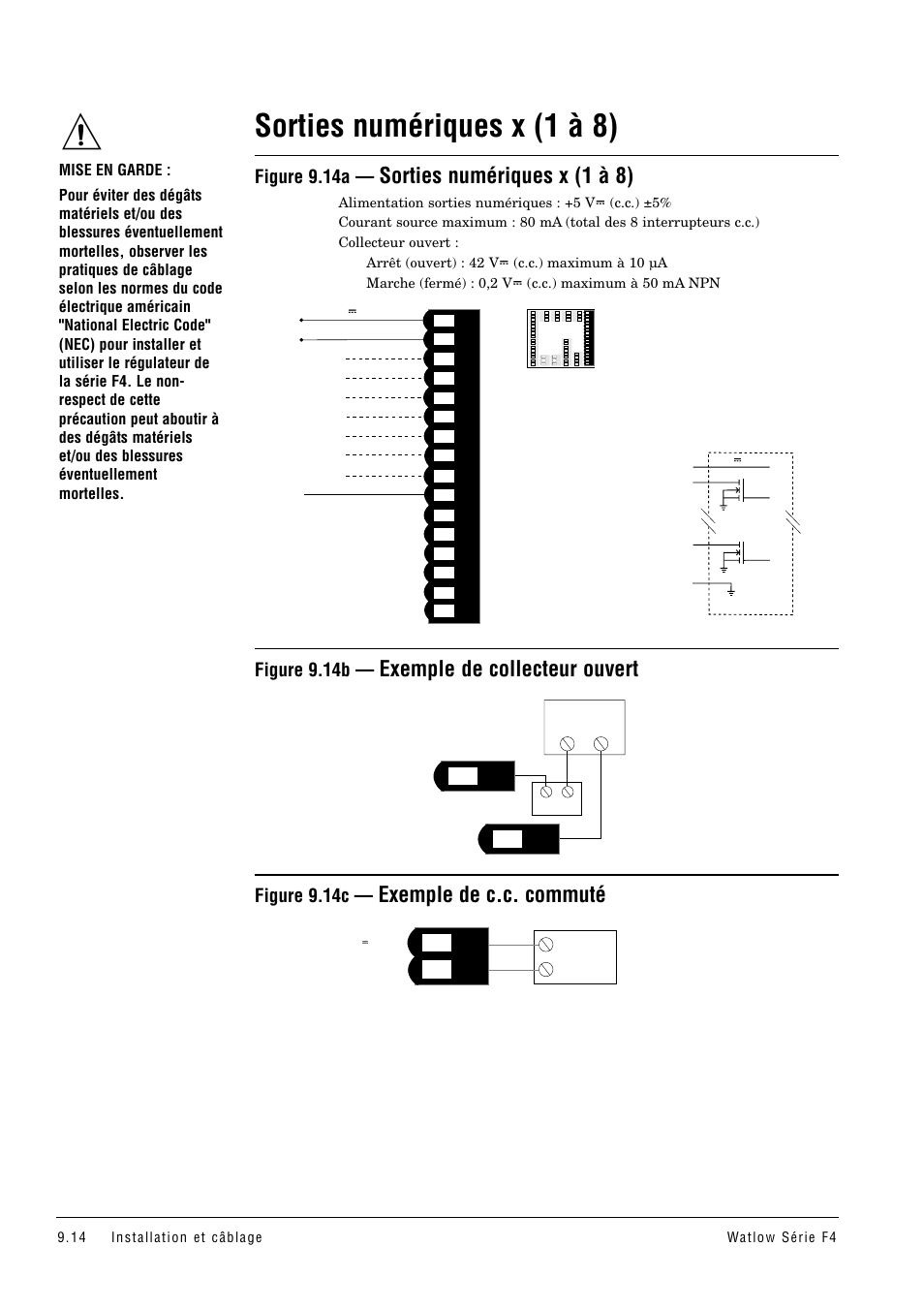 Sorties numériques x (1 à 8), Exemple de collecteur ouvert, Exemple de c.c. commuté | Figure 9.14a, Figure 9.14b, Figure 9.14c | Watlow Series F4 User Manual | Page 90 / 108