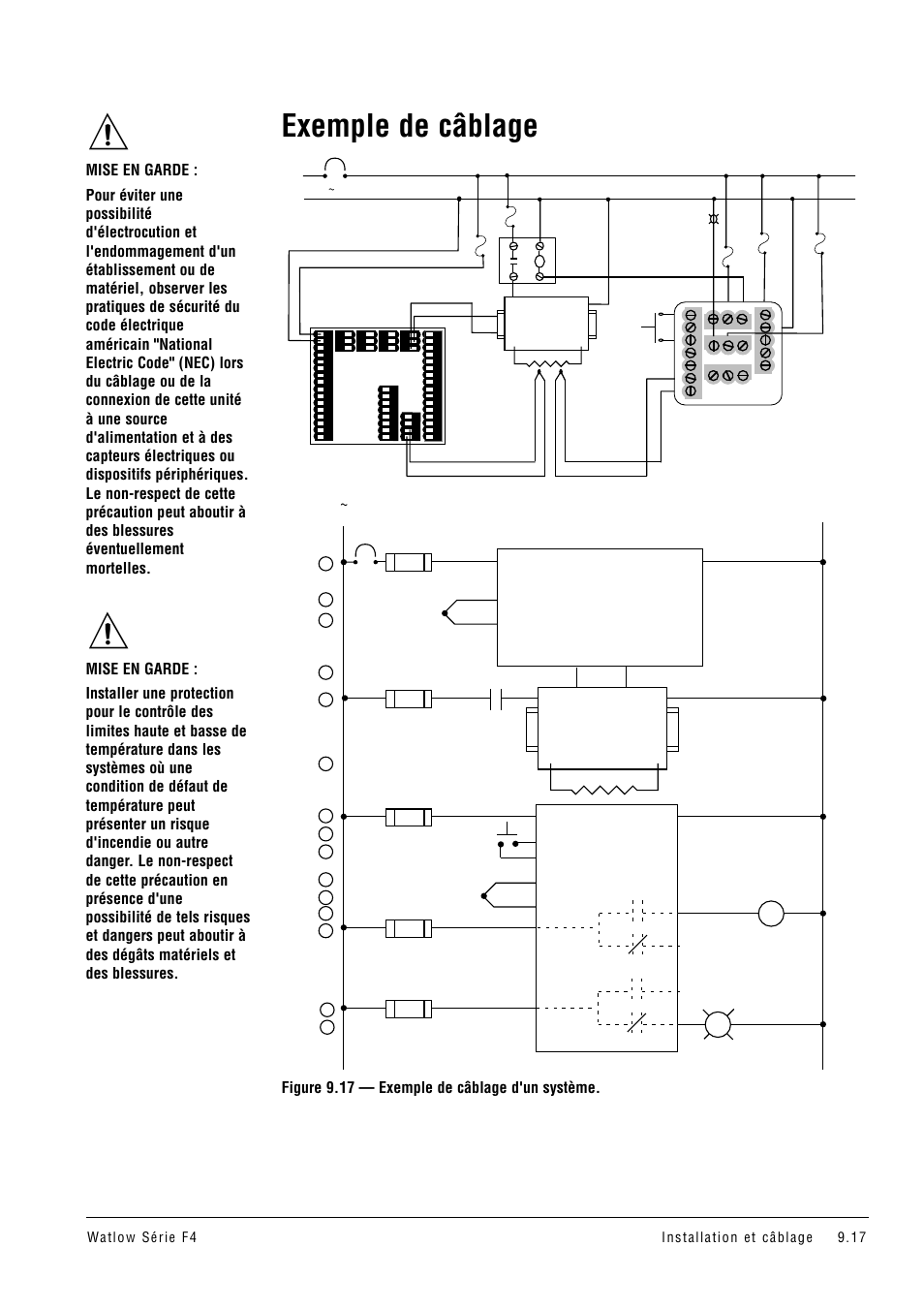 Exemple de câblage, Figure 9.17 — exemple de câblage d'un système, L2 l1 t1 t2 | Watlow Series F4 User Manual | Page 93 / 108