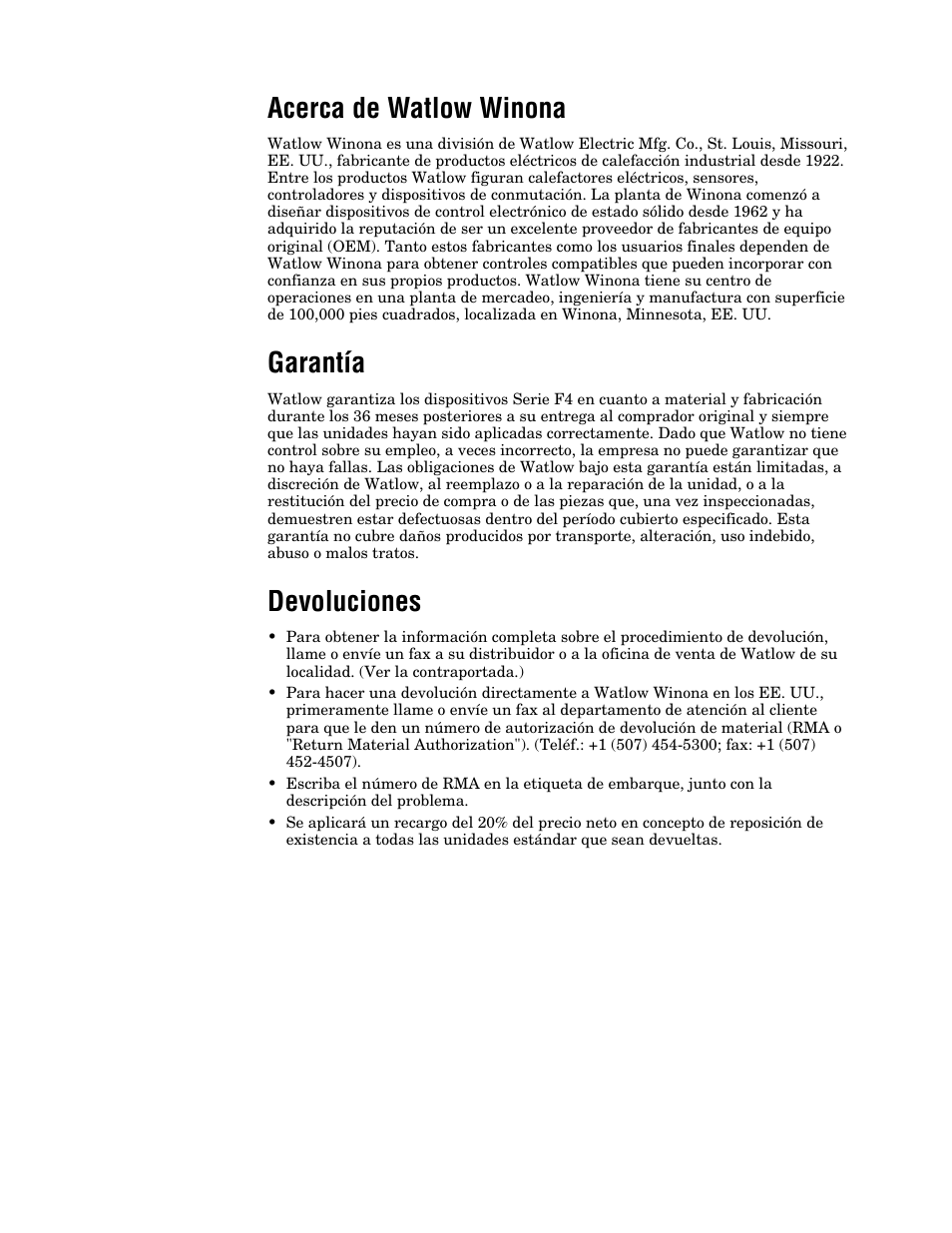 Acerca de watlow winona, Garantía, Devoluciones | Watlow Series F4 User Manual | Page 107 / 108