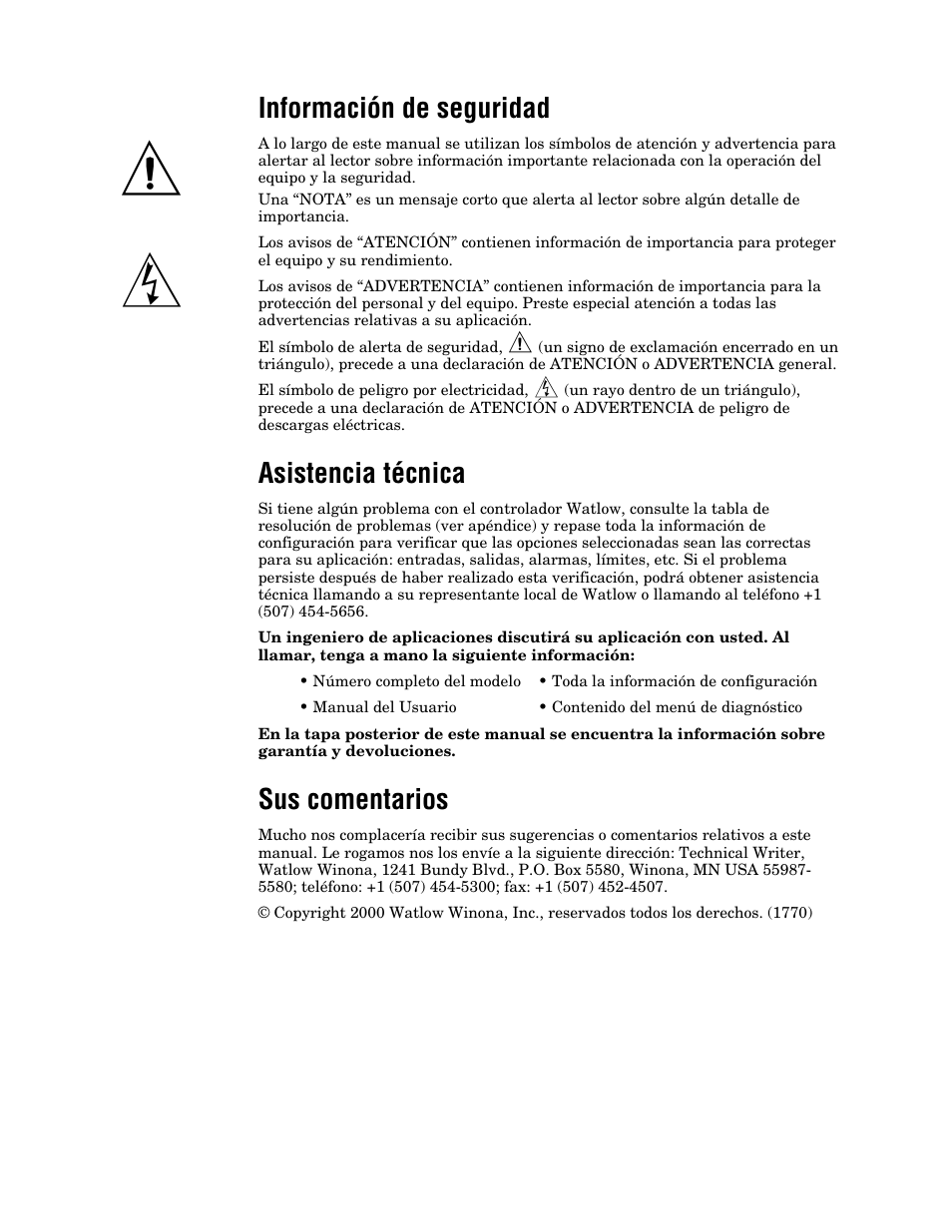 Información, Asistencia técnica, Sus comentarios | Información de seguridad | Watlow Series F4 User Manual | Page 2 / 108