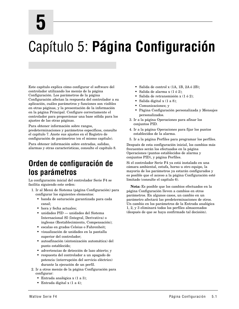 Orden de configuración de los parametros, Orden de configuración de, Los parámetros | Capítulo 5: página configuración, Orden de configuración de los parámetros | Watlow Series F4 User Manual | Page 25 / 108