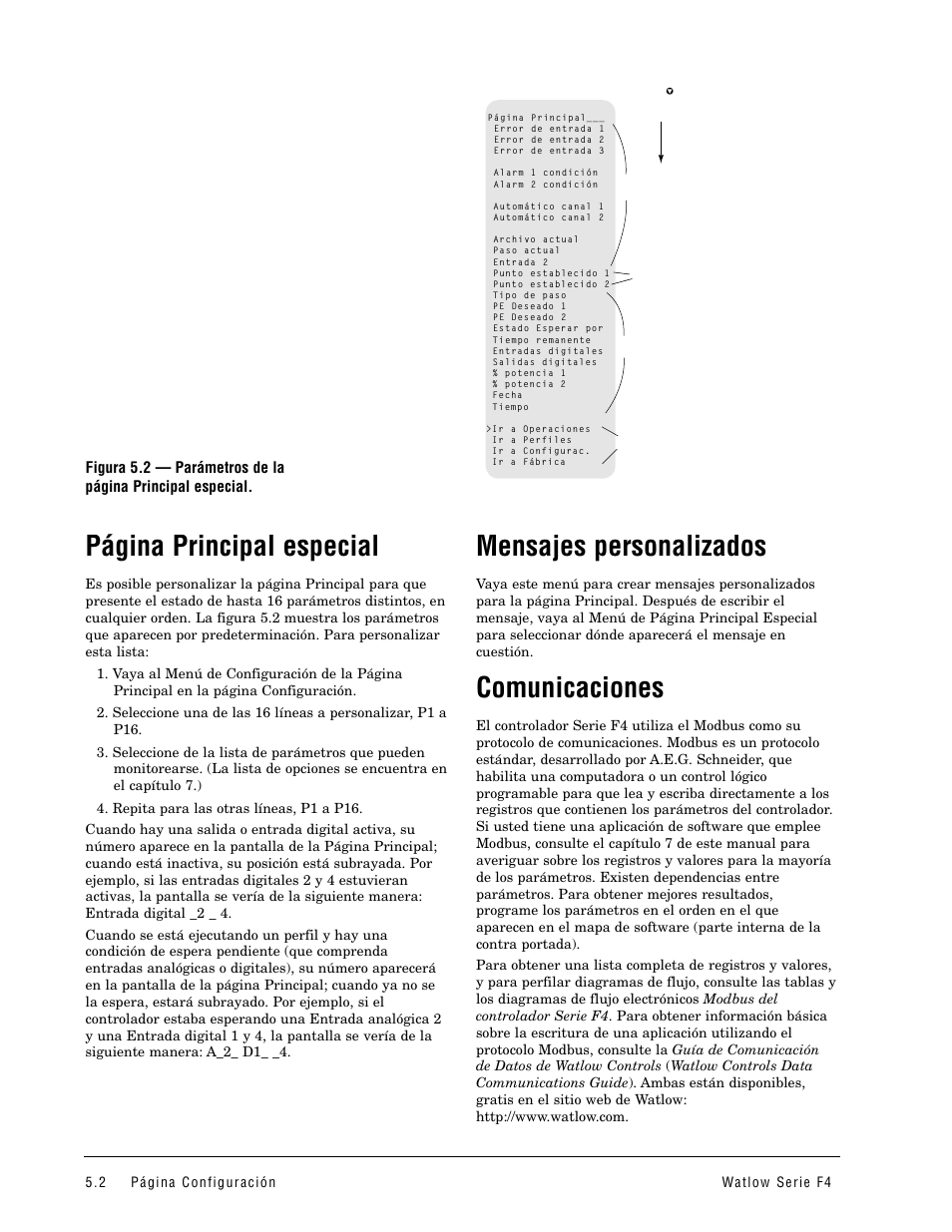 Mensajes personalizados, Comunicaciones, Página principal especial | Watlow Series F4 User Manual | Page 26 / 108