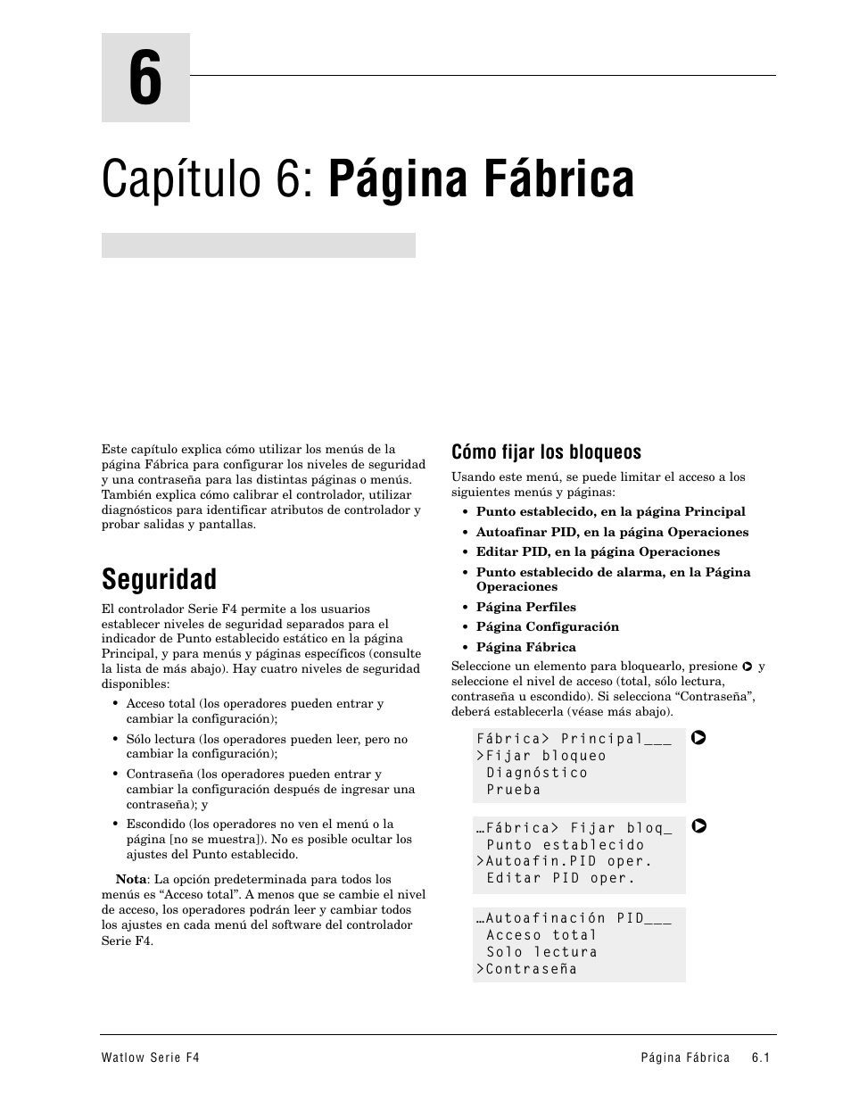Seguridad, Capítulo 6: página fábrica, Cómo fijar los bloqueos | Watlow Series F4 User Manual | Page 27 / 108